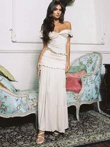 Bộ đồ mùa xuân/hè mới: Áo tank top cổ chữ V thắt nút kiểu Pháp, váy midi/chân váy xếp ly gợi cảm cho nữ, phong cách boho & bohemian thanh lịch. - Màu be - Xem 7