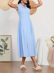Women Long Dress, Sleeveless Turn-Down Collar Button-Down Casual Party Summer A-Line Dress - Light Blue - View 6