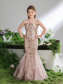 Tween Girls Enchanting Children's Gown With Sequin Embroidery - Pastel Pink Spring Ensemble For Birthday Parties & Flower Girl Ceremonies(Easter Dress Girls) - Champagne - View 5