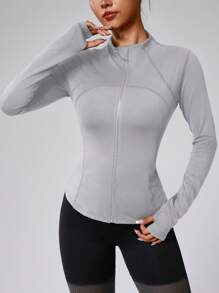 女式纯色拉链长袖运动夹克，袖口有拇指孔，紧身，瑜伽健身跑步运动服 - 灰色 - 查看 3