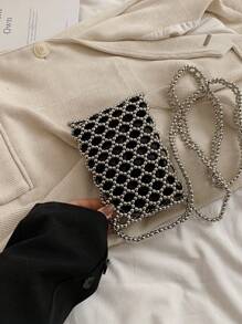 仿珍珠材质格子镂空串珠迷你女士夏季休闲手机斜挎包 - 查看 4