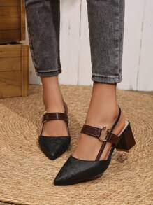 2025 秋冬女士高跟鞋，粗跟春夏新款时尚百搭尖头舒适一脚蹬穆勒高跟凉鞋，优雅 - 黑色 - 查看 3