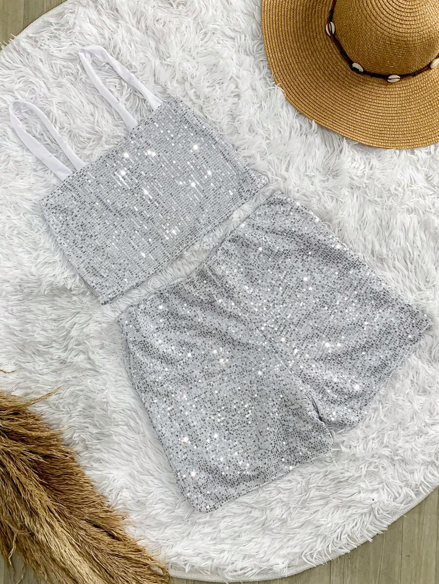Women's Sequin Shorts Set With Pockets, Cropped Top And Straps For Bloggers - Blanco - Ver 1