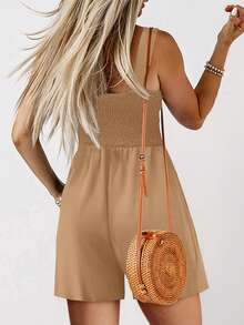 Acelitt Summer Women's Solid Color Square Neck Chest Cable Splicing Simple Casual Suspender Jumpsuit Shorts