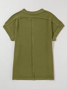 Acelitt Summer Casual Solid Color Loose Knitted Textured Striped Round Neck Short Sleeve T-Shirt - Army Green - View 6