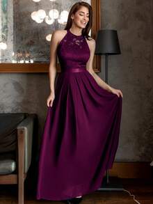 MIUSOL Backless Lace Ruffle Chiffon Formal Party Dress - Maroon - View 5