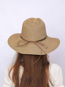 1pc Women Wide Brim Leopard Print Panama Straw Beach Hat With Ribbon - Khaki - View 2