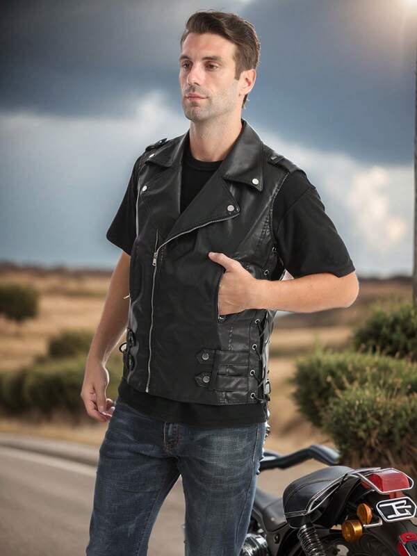 1 Stuk Biker Mouwloos Jasje Vest Heren Motorfiets Zijkant Verstelbaar Kant Kunstleren Vest