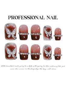 YADORNOS 10 piezas Uñas postizas cortas en forma de ataúd, de acrílico prensado a mano, con diamante, en color borgoña con diseño de mariposa francés, brillos y perlas, de estilo retro, con pegamento de gelatina y lima de uñas, suministros de manualidades de arte de uñas DIY