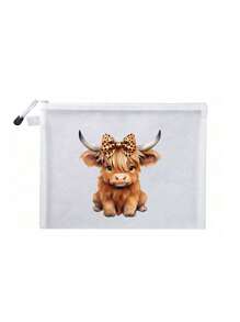 Charming Highland Cow Theme Printed Mesh Cosmetic Bag/Makeup Bag, Lipstick And Nail Polish Storage Bag,Skincare Essential Oil Storage,Air Cushion Storage Portable Storage Bag, Skincare Bag, Travel Essentials, Dormitory Supplies, Wedding Bride Gifts, Mother Gifts, Birthday Gifts, Gifts For Friends And Teachers, Bathroom Storage, Jewelry Storage, Lip Oil And Cosmetics Storage Bag,Items For College Students Starting School,Mother's Day Gift For Mom,Boho Vibes