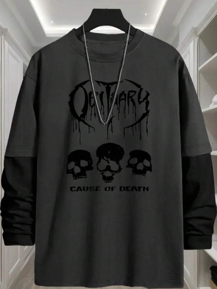 Long Sleeve T-Shirt Lead Streetwear Model: "Three Skulls Cause Of Death" - Tumblr Style/Special Launch - Màu xám đen - Xem 1