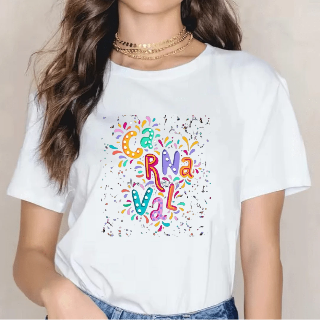 Printed Carnival T-Shirt Blouse 100% Cotton Women's Men's - 白色 - 查看 1