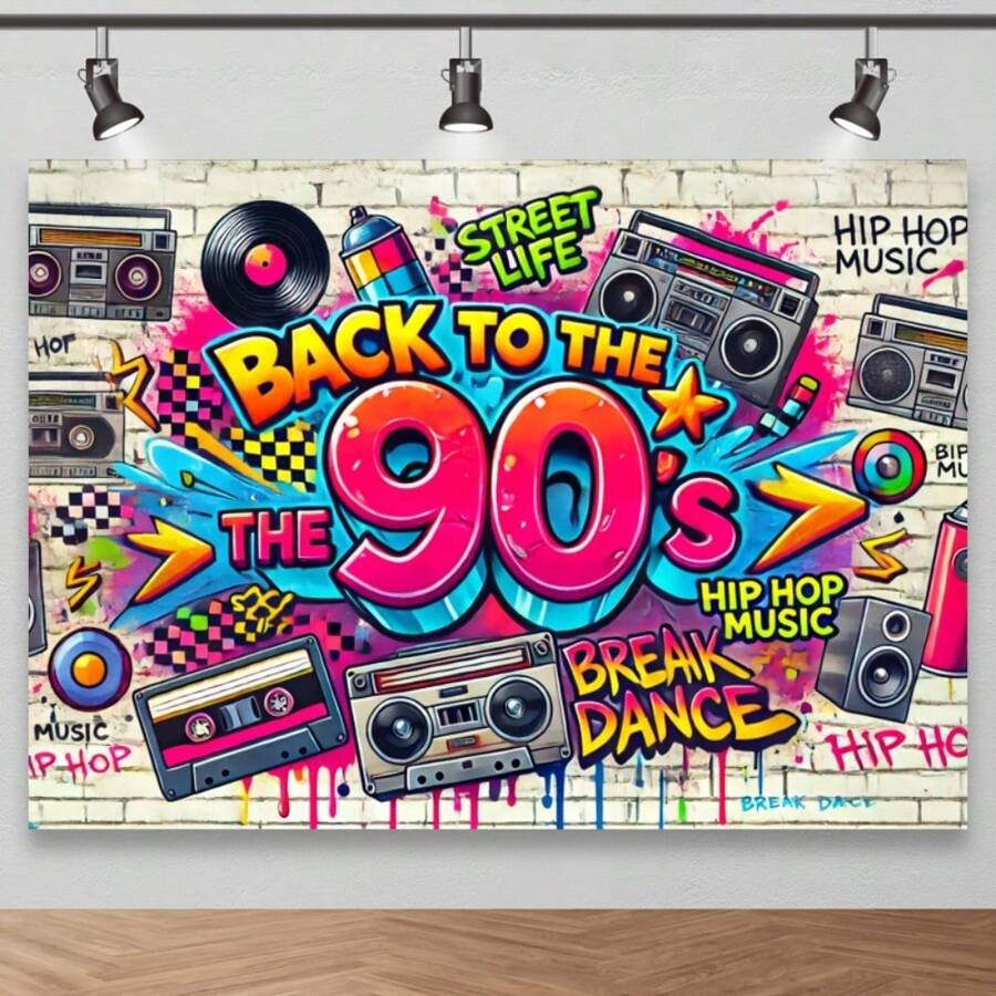 1 件复古 90 年代嘻哈派对背景 - 充满活力的聚酯纤维墙面装饰，带有磁带、音箱和涂鸦设计 - 适合生日、周年纪念、照相亭、居家和花园庆祝活动 - 无需电力 - 米色 - 查看 1
