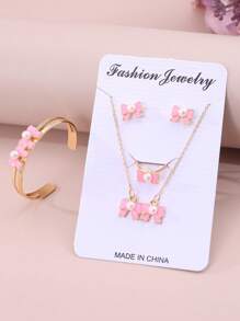 5pcs/Set Girls Bow Decoration Necklace, Bracelet, Earrings, Ring Jewelry Set