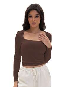 GEREARC Women's Crop Tops Square Neck Shirts Long Sleeve Cropped Tshirts Fitted Tees Basic Clothes Sexy - 咖啡豆 - 查看 3
