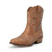 Women's Embroidered Cowboy Cowgirl Western Boots Stitched Ankle Boots With Square Toe, Chunky Heel, And Zipper Closure, Fashionable Short Booties - 摩卡棕 - 查看 4