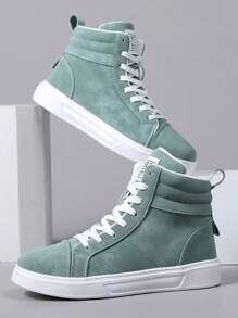 Men's Fashionable High-Top Lace-Up Casual Sport Shoes, With Lettering Print,Lightweight Versatile Stylish Sneakers, Jade Green Classic High-Top Canvas Shoes, Suitable For Outdoor Hiking And Street Wear, All Season, Comfortable - Green - View 4