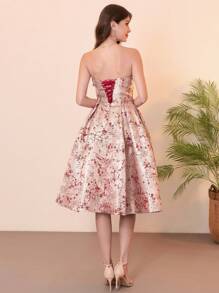 奢华宫廷风格提花面料 Prome 连衣裙，带侧袋，女士圣帕特里克节鸡尾酒会礼服、派对礼服、婚礼宾客礼服 - 酒紅色 - 查看 7