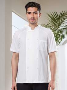 Black & White Men's Stand Collar Short Sleeve Double-Breasted Chef Jacket, Professional Multipurpose Work Uniform, Suitable For Chefs And Waiters - White - View 1
