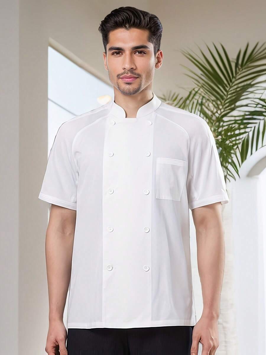 Black & White Men's Stand Collar Short Sleeve Double-Breasted Chef Jacket, Professional Multipurpose Work Uniform, Suitable For Chefs And Waiters - White - View 1