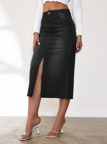 Falda de Mezclilla Larga Jeans - Negro - Ver 4