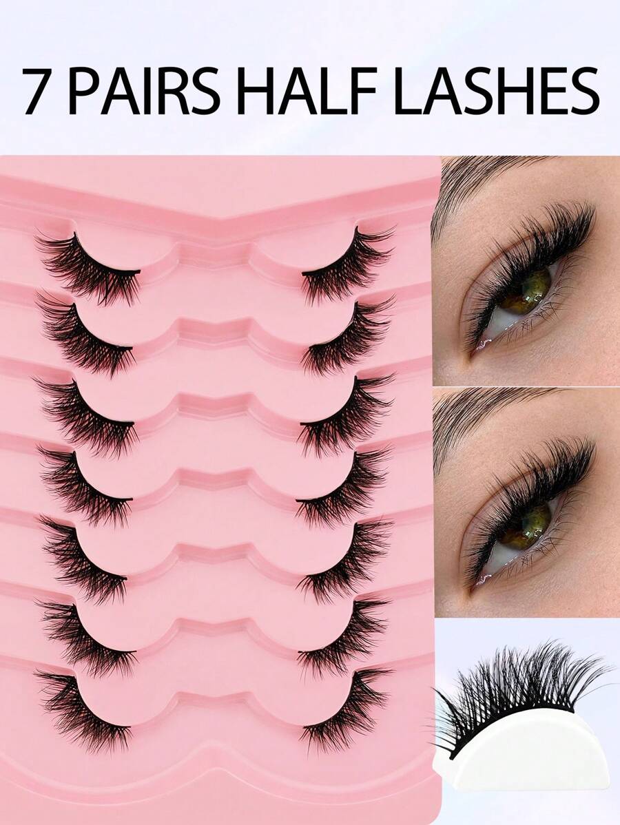 7 Pairs 15mm Cat Eye Half-Strip False Eyelashes, 3/4 Length Natural Look Lashes, Eyelash Extensions - Black - View 1