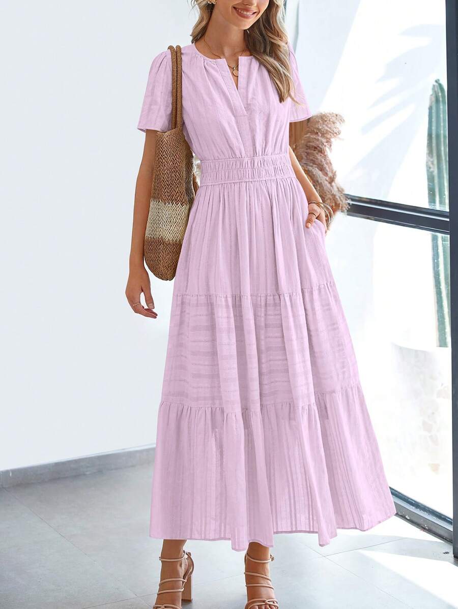 Womens Summer Maxi Dresses Short Sleeve High Waist Tiered Flowy A-Line Boho Bohemian Beach Long Dress Holiday Vacation Beach Valentine Long Dress Outfit - 淺粉紫色 - 查看 1