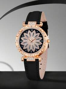 5 件装女士黑色 PU 皮革表带时尚休闲花朵表盘石英表项链耳环戒指首饰套装适合日常佩戴或节日礼物 - 黑色 - 查看 2