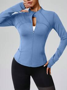 Damen Jacke mit durchgehendem Reißverschluss, Unifarben, Langarm, figurbetonter Sitz, mit Daumenöffnungen an den Manschetten, geeignet für Fitness, Yoga, Laufen