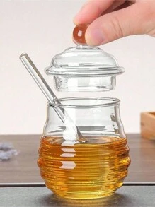 1pc Transparent Glass Honey Jar With Lid And Mixing Stick, Creative Glass Storage Pot - Clear - View 8