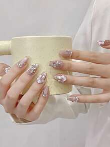 YADORNOS 10片粉色猫眼3D花朵露珠碎钻手工亚克力按压式美甲贴片，春夏手绘花朵柔美短棺材形和长杏仁形全覆盖假指甲，含果冻胶和指甲锉，返校季居家DIY美甲用品手工按压式美甲贴片 - 粉色 - 查看 12