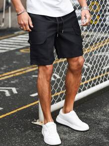 Men's Casual Cargo Shorts - Stylish Streetwear, Solid Color, Side Pocket And Adjustable Drawstring Belt, Polyester, Machine Washer, Loose Fitting Shorts | Sporty Look Shorts | Woven Shorts