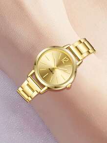 2PCS Gold Alloy Strap Women's Watch Set Fashionable Elegant Simple Quartz Watch Bracelet Jewelry Set Perfect Gift For Her - Gold - View 4