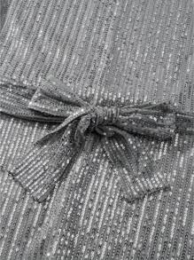 S Sequin Party Dress, Sparkle Long Sleeve Round Neck Short Cocktail Dress With Belt - 銀灰色 - 查看 6