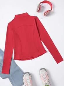Chaqueta deportiva de manga larga con cremallera, de unicolor, con ojales para el pulgar, ajuste ceñido para fitness, yoga, correr
