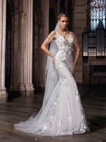 QOQ Váy dài nữ cổ chữ V sâu không tay màu trắng thanh lịch lãng mạn có lưới và sequin cho đám cưới, cô dâu - trắng - Xem 5