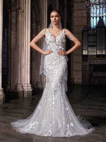 QOQ Váy dài nữ cổ chữ V sâu không tay màu trắng thanh lịch lãng mạn có lưới và sequin cho đám cưới, cô dâu - trắng - Xem 3