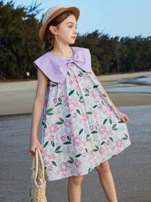 ASK JUNIOR Tween Girls[Flowers]女童连衣裙夏季儿童裙子透气时尚蝴蝶结领公主裙 - 紫色 - 查看 11