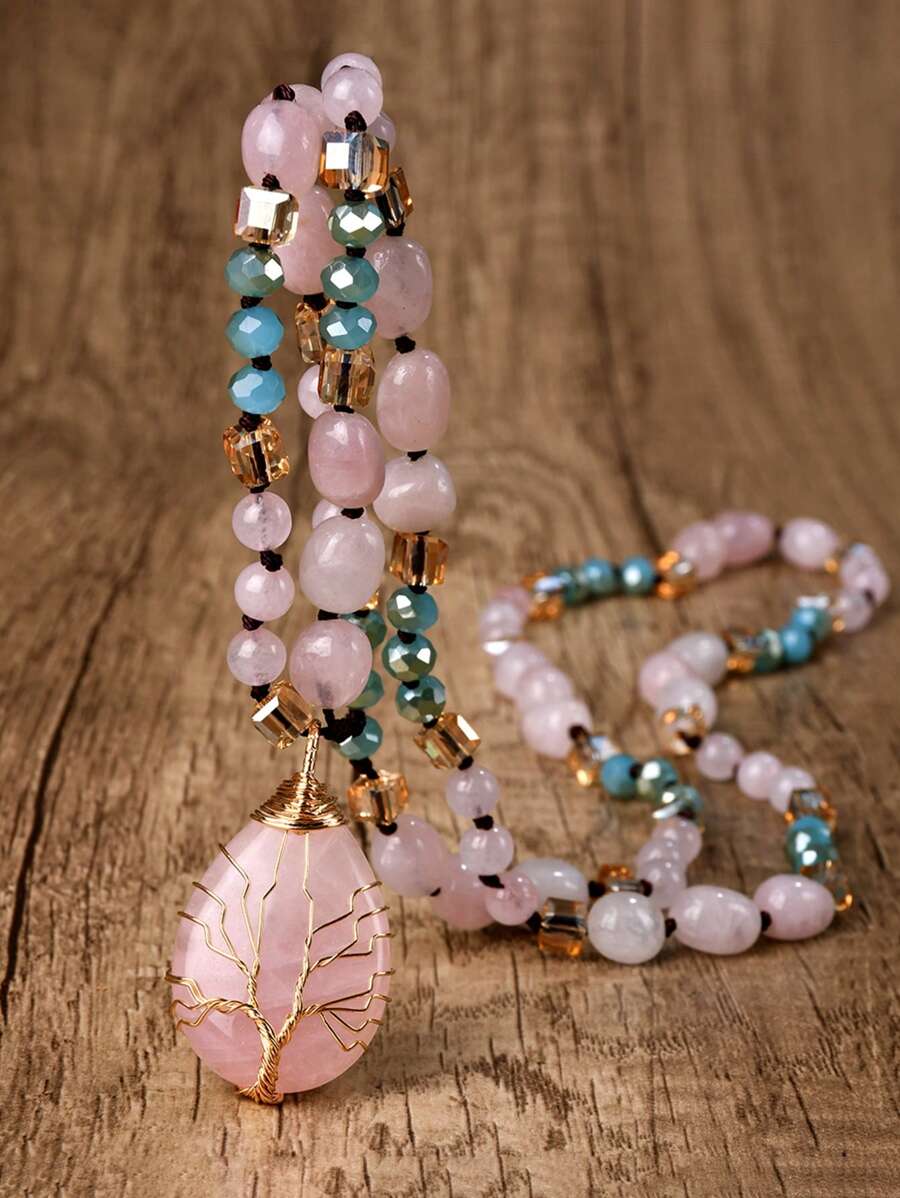 Dây chuyền hạt đá thạch anh hồng tự nhiên với mặt dây chuyền hình giọt nước - Phong cách Bohemian độc đáo, hoàn hảo cho trang phục thường ngày và là món quà lý tưởng cho Ngày của Mẹ. - Hồng - Xem 1