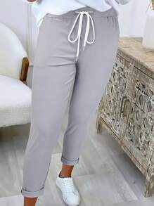 Women's Casual Drawstring Waist Pants, Minimalist Style For Everyday Wear - Light Grey - View 5