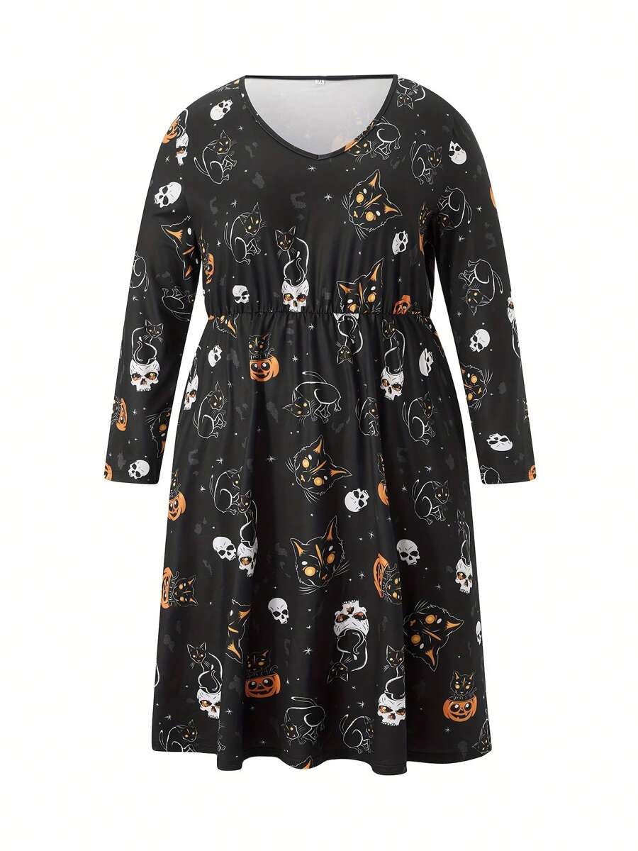 Women's Flowy Dress Elegant Long Sleeve V Neck Elastic Waist Pocket Dress Midi Dress - Black - View 1