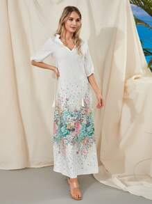 Women Long Dress, Elegant Short Sleeve V Neck Flower/Graphic Print Loose Swing Dress Summer Casual Dress