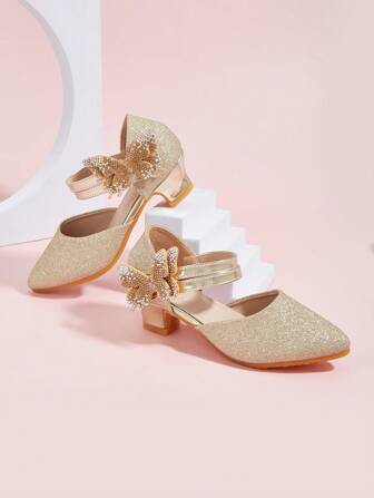 1 par småbarnsflickor med blommor och glitter chunky häl spetsad tå ihåliga eleganta mode mångsidiga festskor, lämpliga för vår, sommar, höst