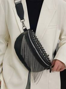1pc Fashion Fringe Chain Rivet Chest Bag/Waist Pack/Crossbody Bag, Perfect For Rodeo Occasion, Western Purse For Women - Black - View 1