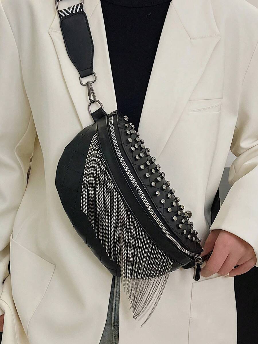 1pc Fashion Fringe Chain Rivet Chest Bag/Waist Pack/Crossbody Bag, Perfect For Rodeo Occasion, Western Purse For Women - Black - View 1