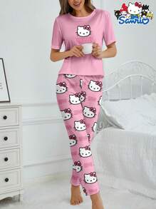 Sanrio Set abbigliamento da casa Hello Kitty Sanrio da 2 pezzi: top a maniche corte con scollo rotondo e pantaloni, set pigiama comodo con stampa di lettere a cartoni animati