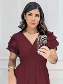 Vestido Longo Feminino com Manga Babado Saia 3 Maria Festa Madrinha Evangélico Casamento Formatura - Marsala - Visão 5