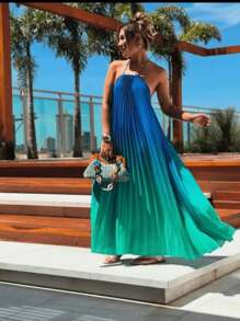 LONG WOMEN'S DRESS, TWO-COLOR PLEATED IN DUNA FABRIC - Màu xanh lam - Xem 3