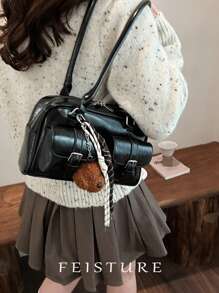 FEISTURE 1 纯色PU多口袋保龄球包，女士款（带狗狗吊坠），拉链封口，适合购物、约会、作为女士礼物，适合少女、大学生和上班族，是办公室、大学、工作和通勤的理想之选。 - 黑色 - 查看 12