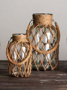 1Pc Rustic Glass Mason Jars With Jute T, Decorative Vases For Dried Flowers, Country Style Home Decor, Wedding Centerpieces, DIY Crafts, And Candle Holders Room Decor